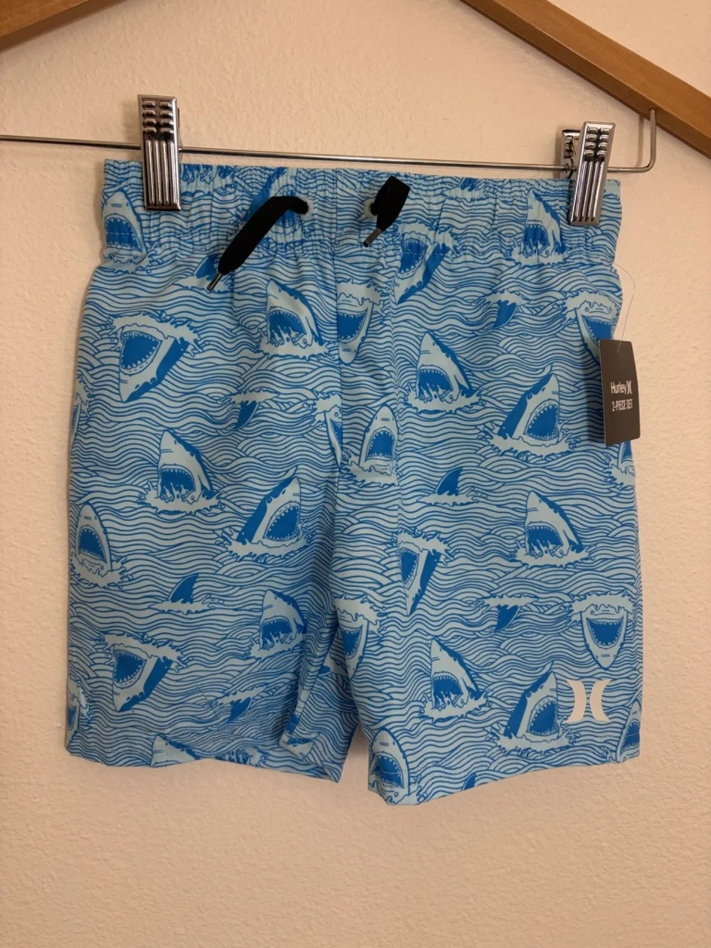 NWT Set Hurley UPF 50+ Blue Shark Short Sleeve Rash Guard Swim Shorts